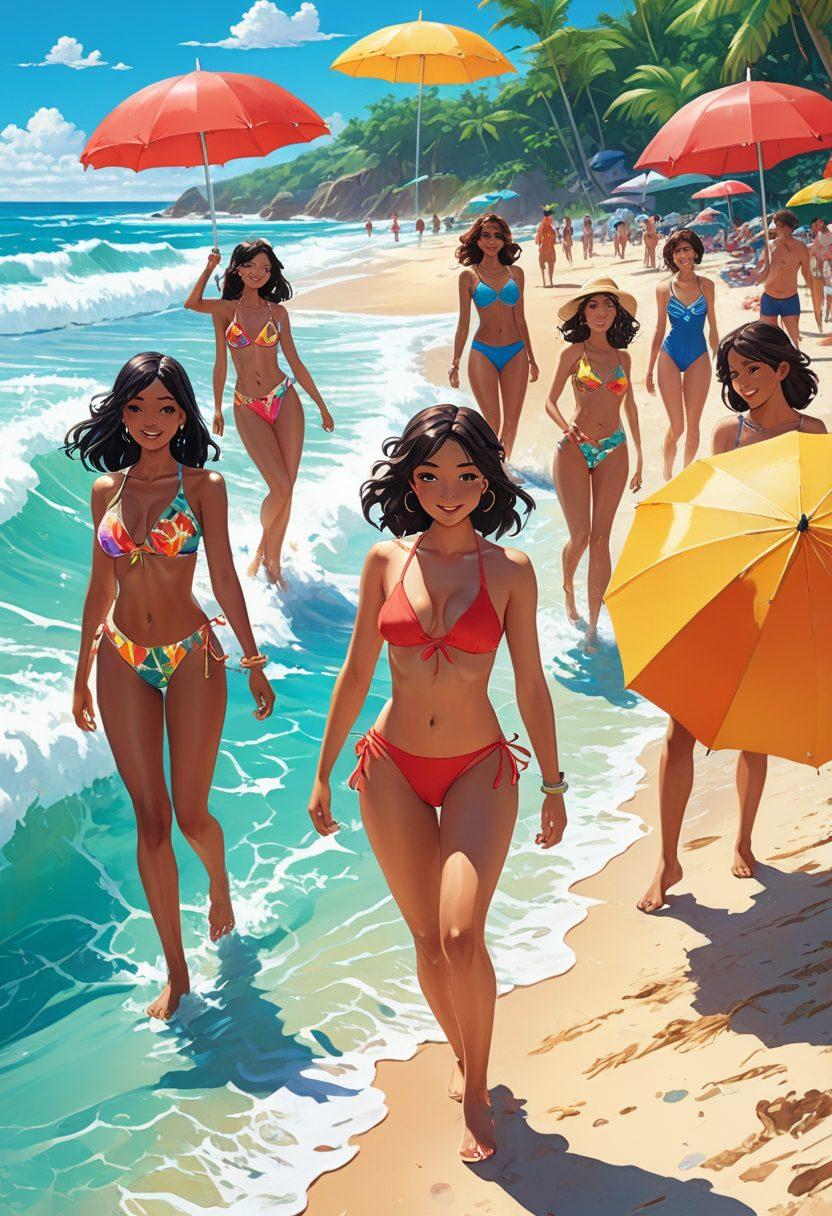 A vibrant beach scene featuring a group of diverse anime characters in stylish swimsuits, showcasing eye-catching designs and colors. The waves crash in the background while colorful beach umbrellas dot the sandy shore. Each character exudes confidence, embodying the essence of summer fun. Bright sun, clear blue skies, and tropical elements enhance the atmosphere. bright colors. super-realistic. dynamic composition.