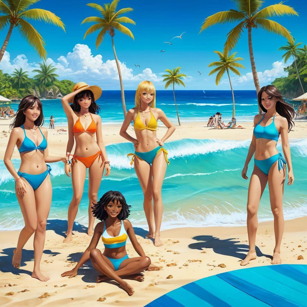 A vibrant summer beach scene featuring anime-inspired swimwear on stylish characters, showcasing a variety of colorful swimsuits and accessories. In the background, tropical palm trees sway under a bright sun, while beachgoers enjoy fun activities like surfing and playing volleyball. Include elements of classic anime art style, with exaggerated expressions of joy and vibrant, eye-catching colors. The beach sand is golden and the sea is a mix of turquoise and deep blue, adding to the lively atmosphere. super-realistic. vibrant colors. tropical theme.